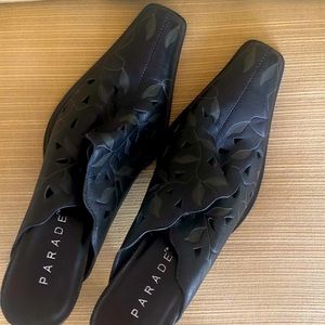 Black Leather Cut Out Square Toe Pointed Toe Heels Mules Y2K Vintage